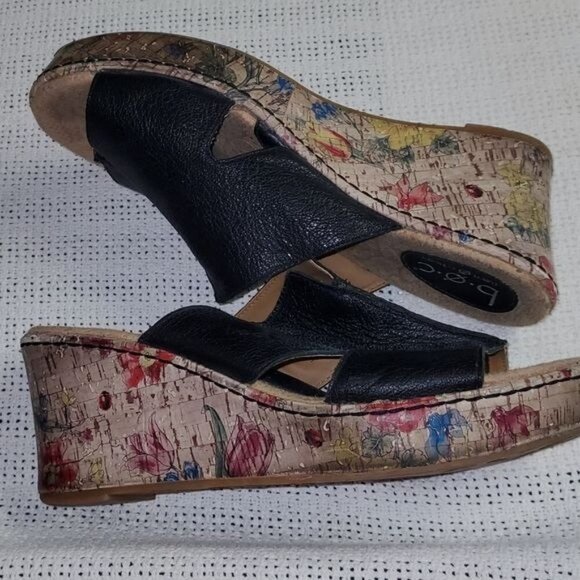 B.O.C. Born Concepts Black 3" inch Cork Floral Wedge Heel Sz. 10 Sandals - Picture 10 of 14